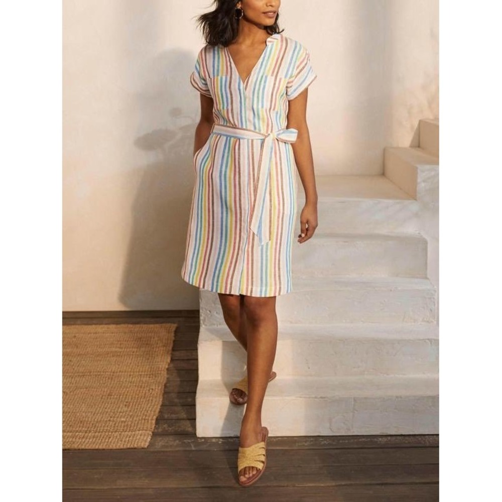 Boden Evie Linen Dress Womens 6 Multi Color Rainbow Stripe Belted V-Neck Mini